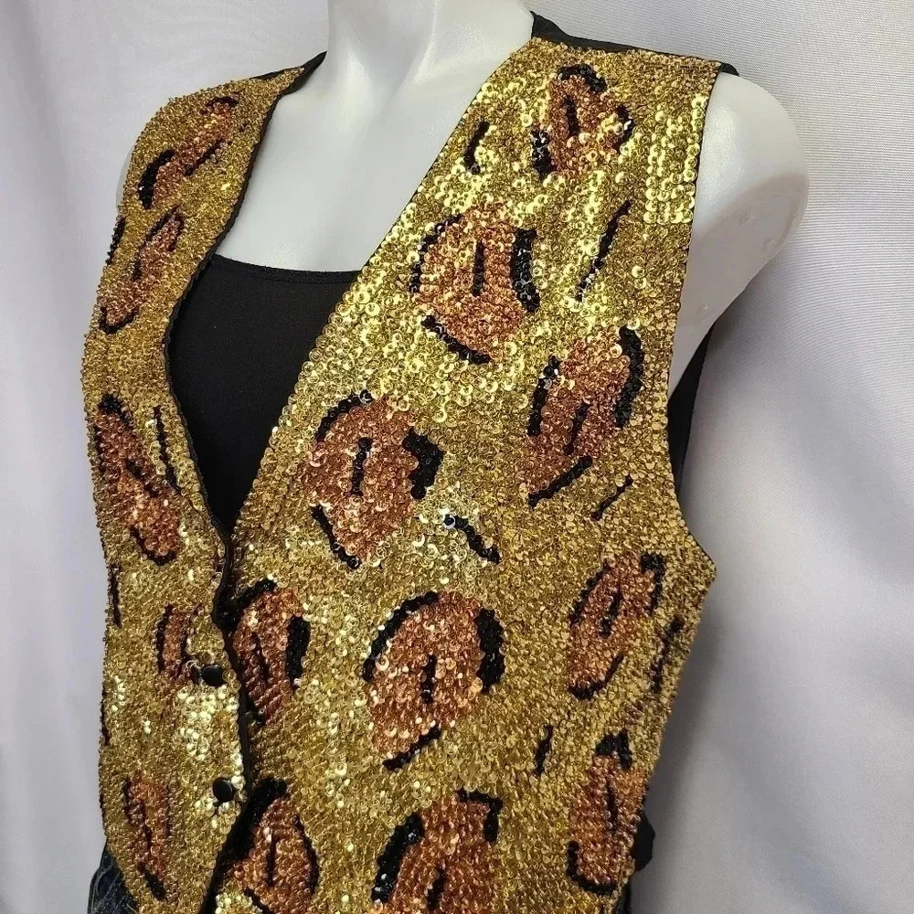 Chantik Vintage Full Sequin Vest Cat Eye Leopard Print Orange Gold Black - Picture 5 of 13
